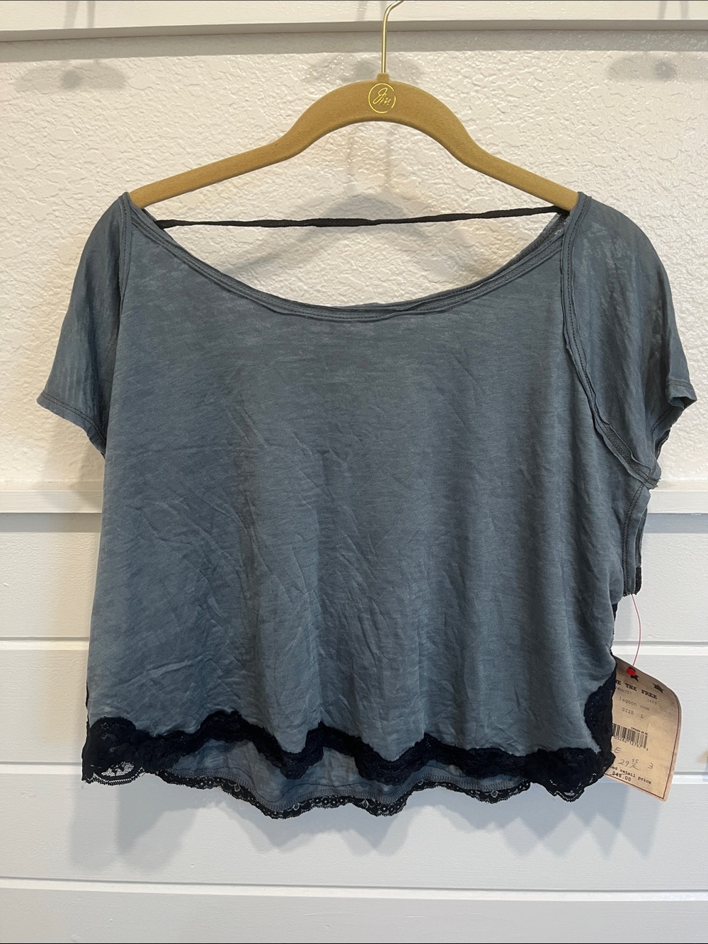 We The Free Slate Blue Short Sleeve Crop Top with Black Lace Hem